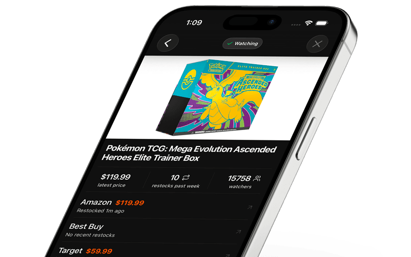 Restockd app showing an Ascended Heroes product watch page on iPhone