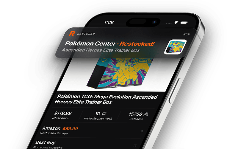Restockd app showing an Ascended Heroes product watch page on iPhone