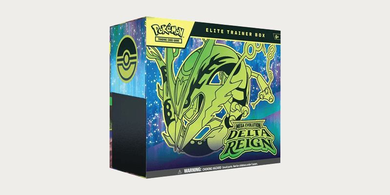 Pokemon Delta Reign Elite Trainer Box featuring Mega Rayquaza on a light background