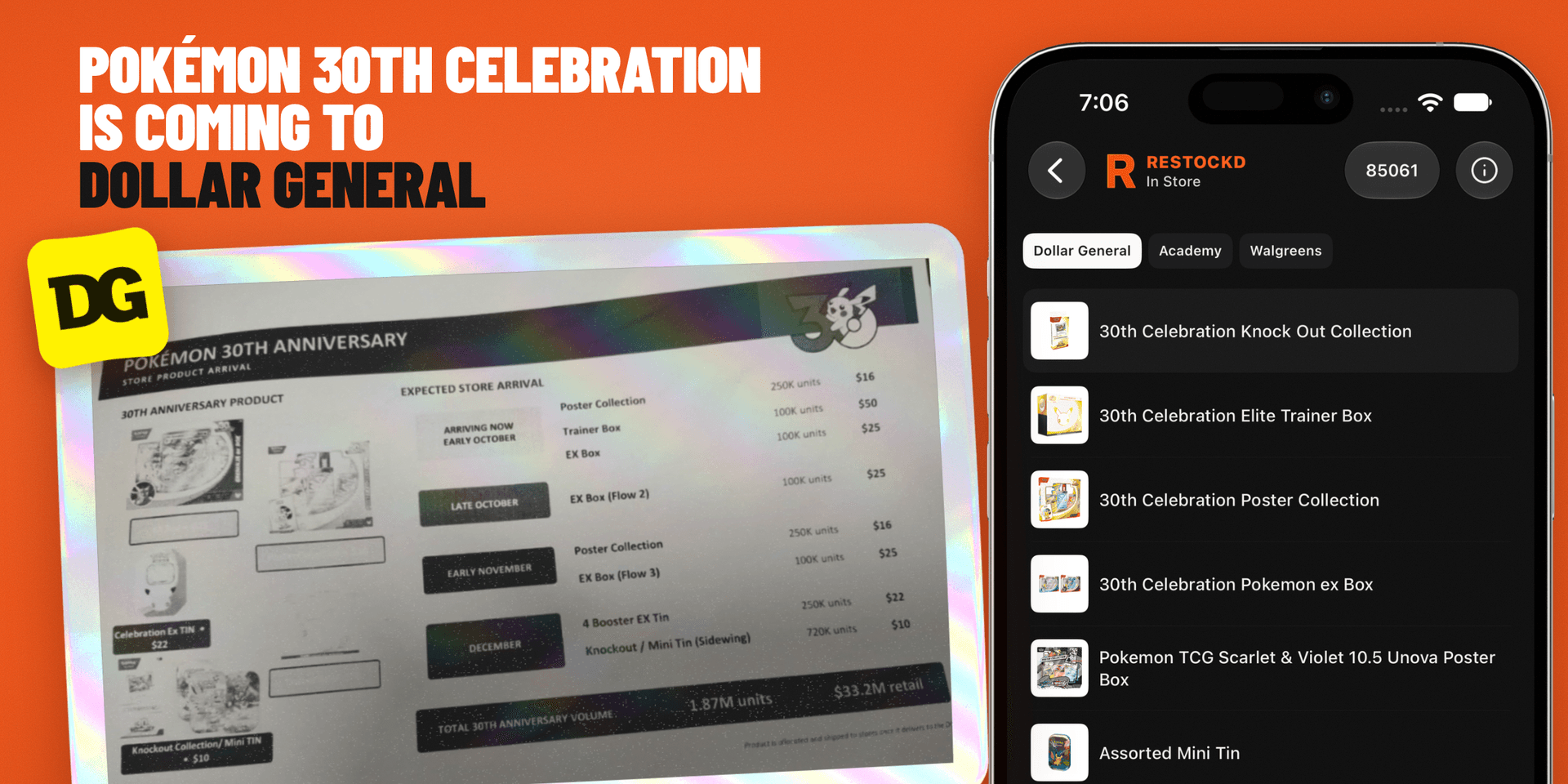 Dollar General Pokemon 30th Celebration store arrival schedule with the Restockd In Store screen listing 30th Celebration products at Dollar General