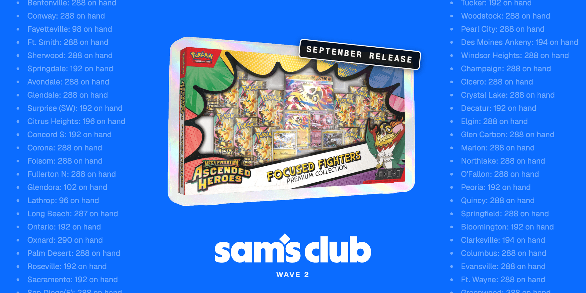 Ascended Heroes Focused Fighters Premium Collection with Sam's Club Wave 2 branding and reported stock quantities